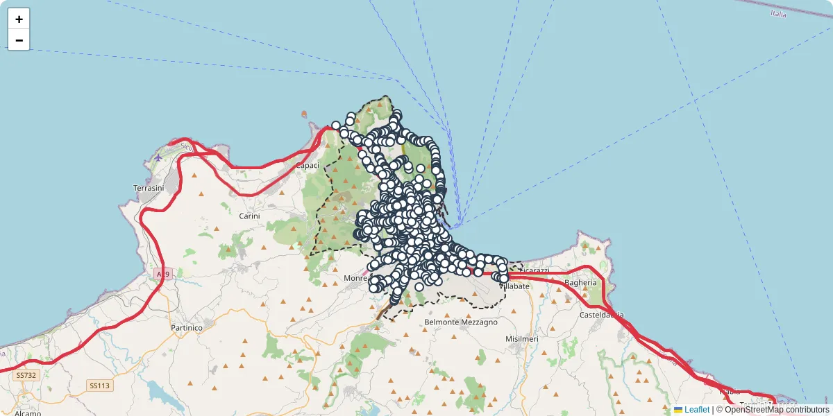 Mappa dettagliata del trasporto pubblico a Palermo con linee autobus, tram e collegamenti