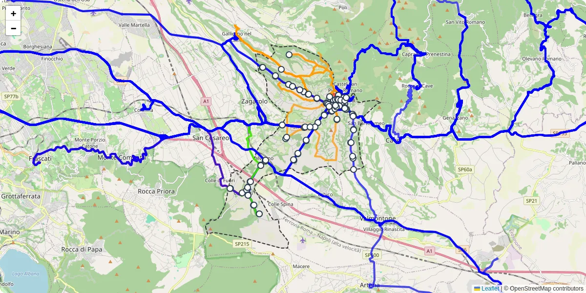 Mappa dettagliata del trasporto pubblico a Palestrina con linee autobus, tram e collegamenti