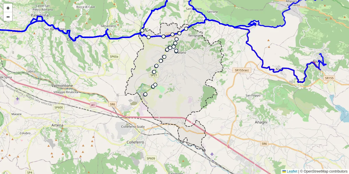 Mappa dettagliata del trasporto pubblico a Paliano con linee autobus, tram e collegamenti