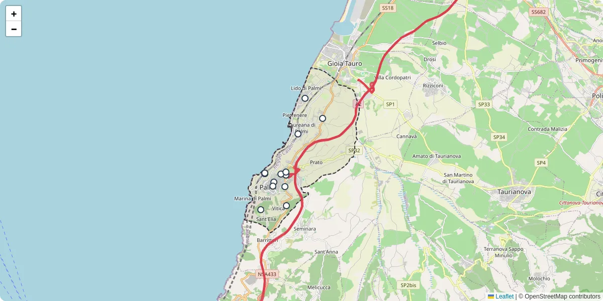 Mappa dettagliata del trasporto pubblico a Palmi con linee autobus, tram e collegamenti
