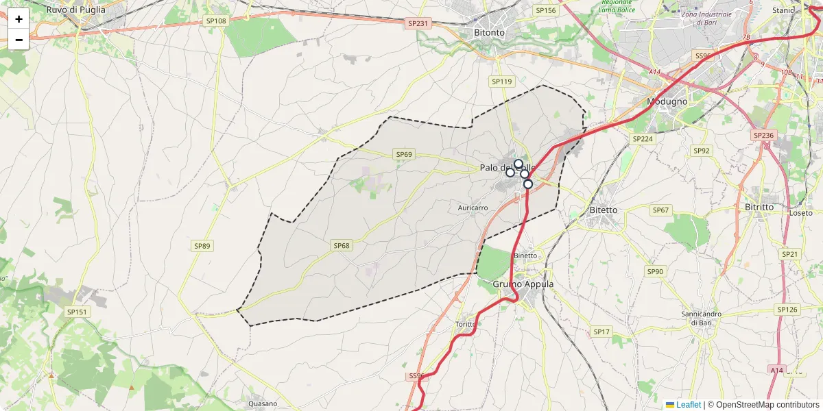 Mappa dettagliata del trasporto pubblico a Palo del Colle con linee autobus, tram e collegamenti