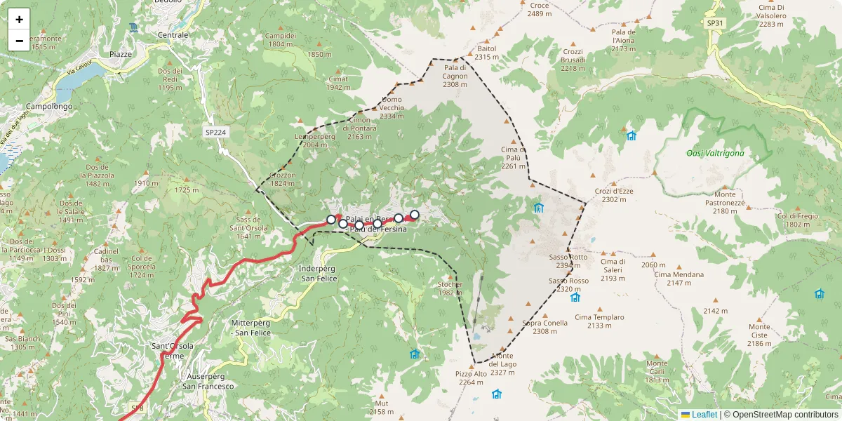 Mappa dettagliata del trasporto pubblico a Palù del Fersina - Palai en Bersntol con linee autobus, tram e collegamenti