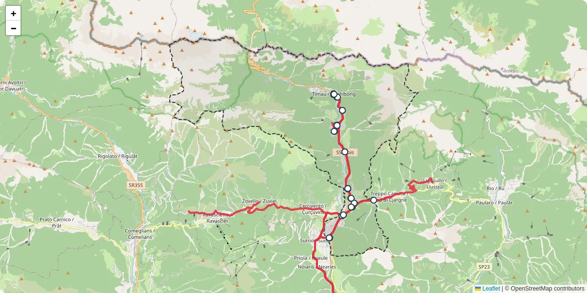 Mappa dettagliata del trasporto pubblico a Paluzza / Paluce / Palutsch con linee autobus, tram e collegamenti