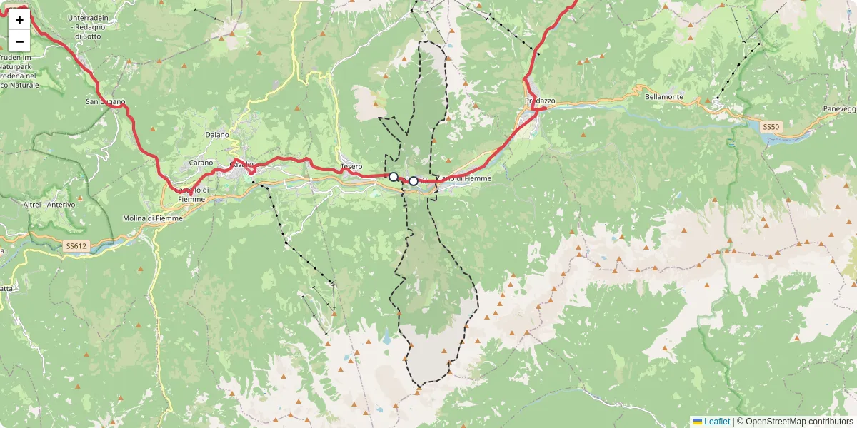 Mappa dettagliata del trasporto pubblico a Panchià con linee autobus, tram e collegamenti