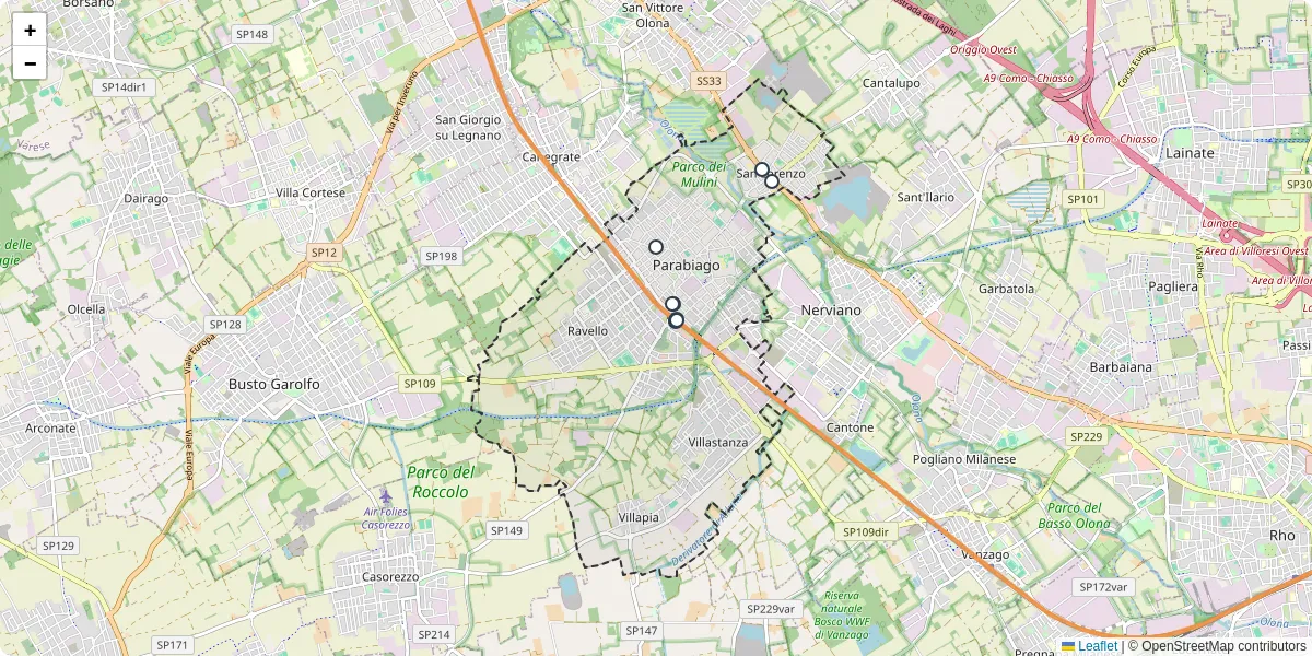 Mappa dettagliata del trasporto pubblico a Parabiago con linee autobus, tram e collegamenti