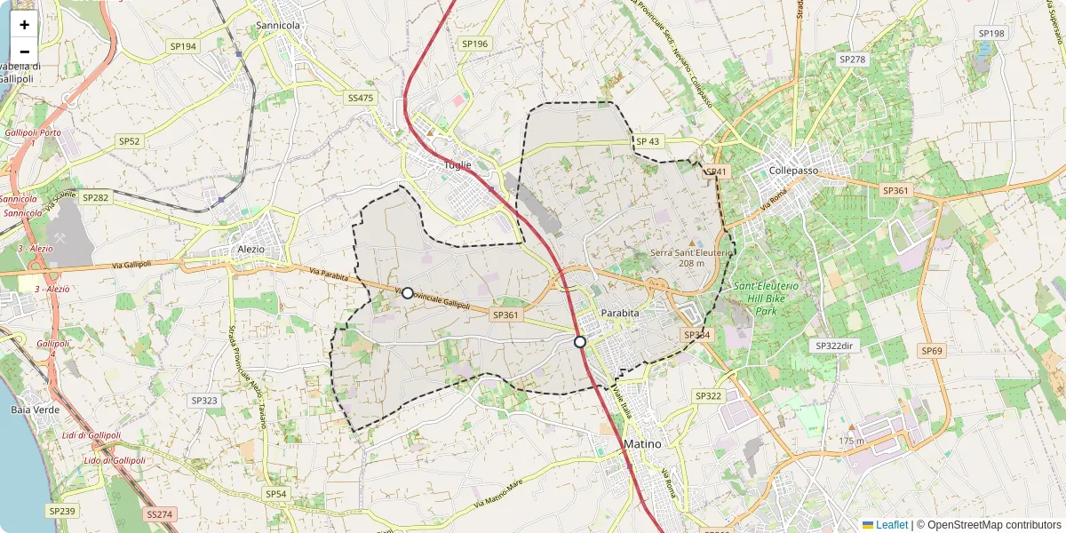 Mappa dettagliata del trasporto pubblico a Parabita con linee autobus, tram e collegamenti