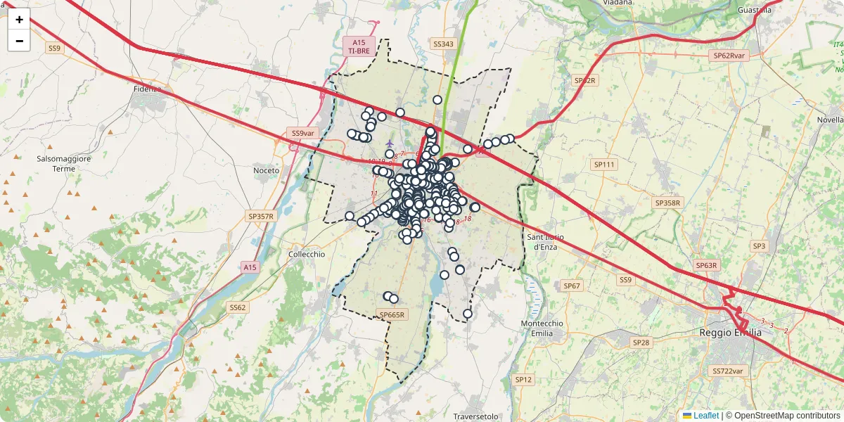 Mappa dettagliata del trasporto pubblico a Parma con linee autobus, tram e collegamenti