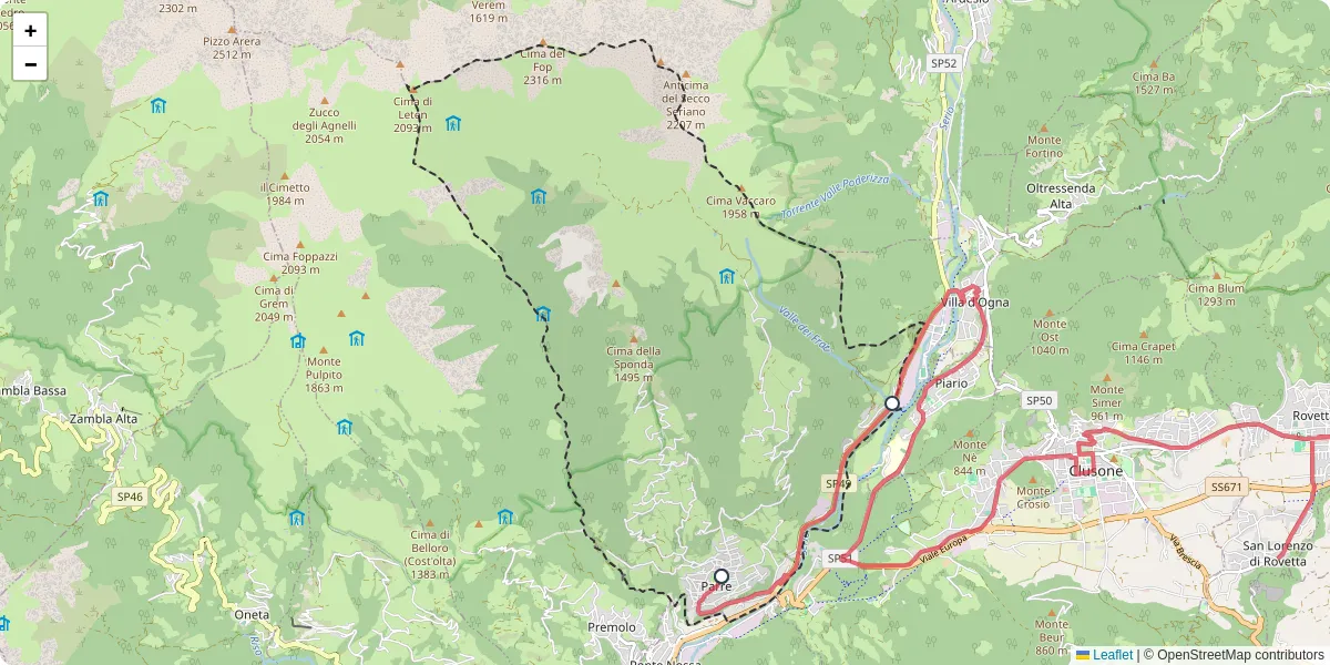 Mappa dettagliata del trasporto pubblico a Parre con linee autobus, tram e collegamenti