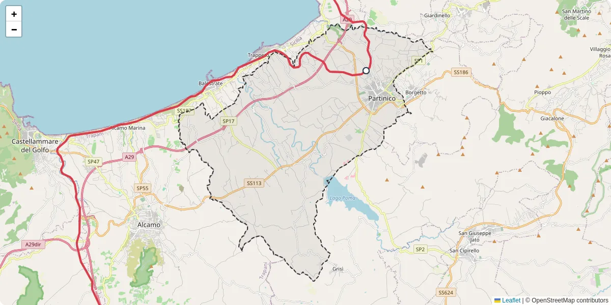 Mappa dettagliata del trasporto pubblico a Partinico con linee autobus, tram e collegamenti