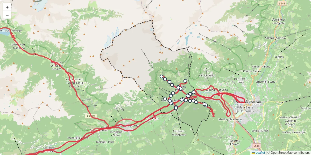 Mappa dettagliata del trasporto pubblico a Partschins - Parcines con linee autobus, tram e collegamenti