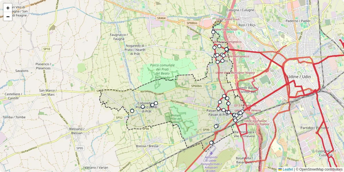 Mappa dettagliata del trasporto pubblico a Pasian di Prato / Pasian di Prât con linee autobus, tram e collegamenti