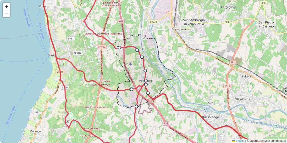 Mappa dettagliata del trasporto pubblico a Pastrengo con linee autobus, tram e collegamenti