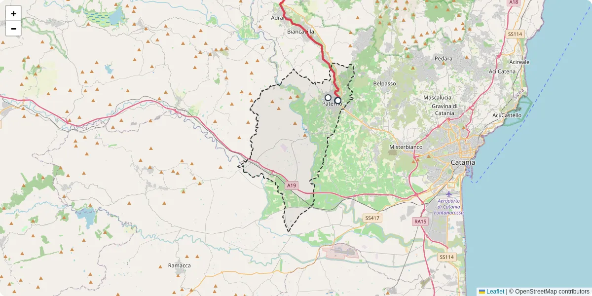Mappa dettagliata del trasporto pubblico a Paternò con linee autobus, tram e collegamenti