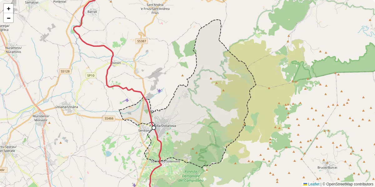 Mappa dettagliata del trasporto pubblico a Patiolla/Dolianova con linee autobus, tram e collegamenti
