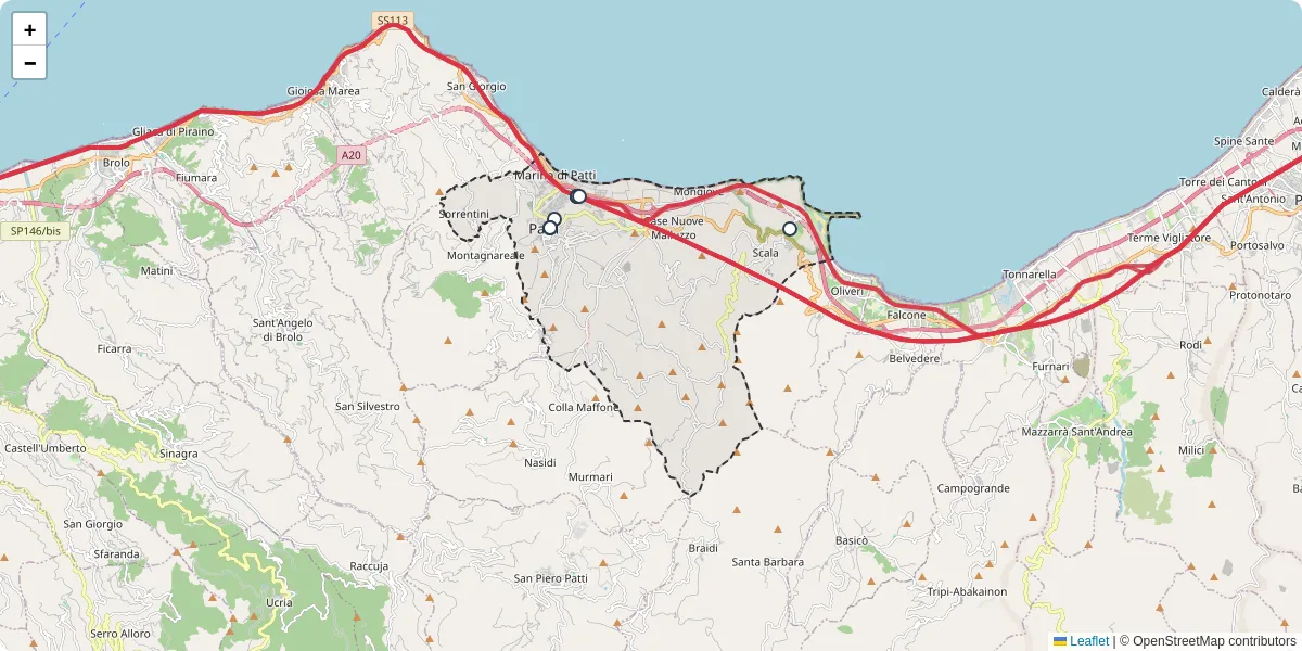 Mappa dettagliata del trasporto pubblico a Patti con linee autobus, tram e collegamenti