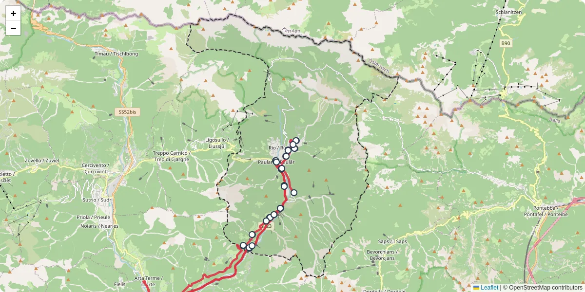 Mappa dettagliata del trasporto pubblico a Paularo / Paulâr con linee autobus, tram e collegamenti