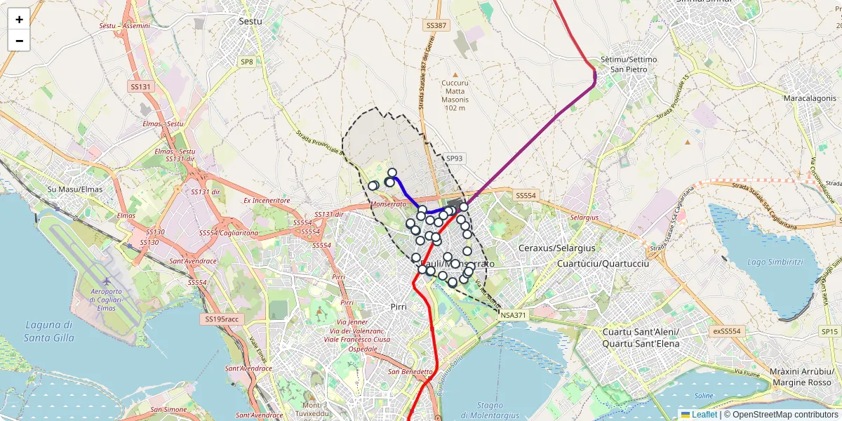 Mappa dettagliata del trasporto pubblico a Paùli/Monserrato con linee autobus, tram e collegamenti