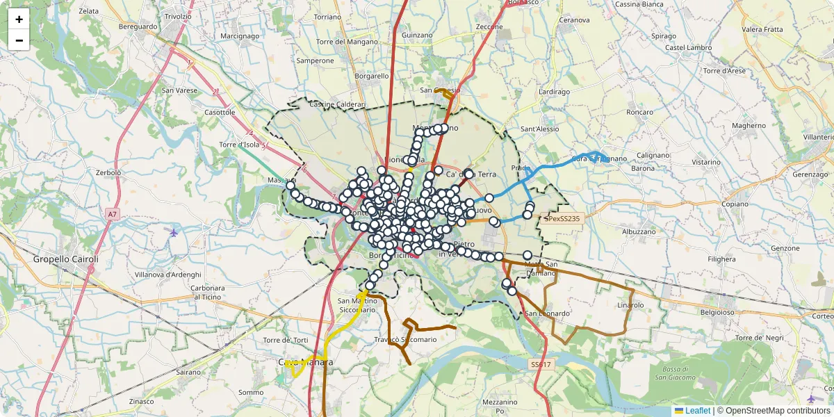 Mappa dettagliata del trasporto pubblico a Pavia con linee autobus, tram e collegamenti
