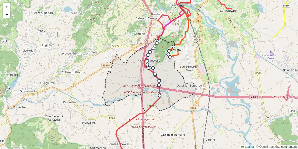 Mappa dettagliata del trasporto pubblico a Pavone Canavese con linee autobus, tram e collegamenti