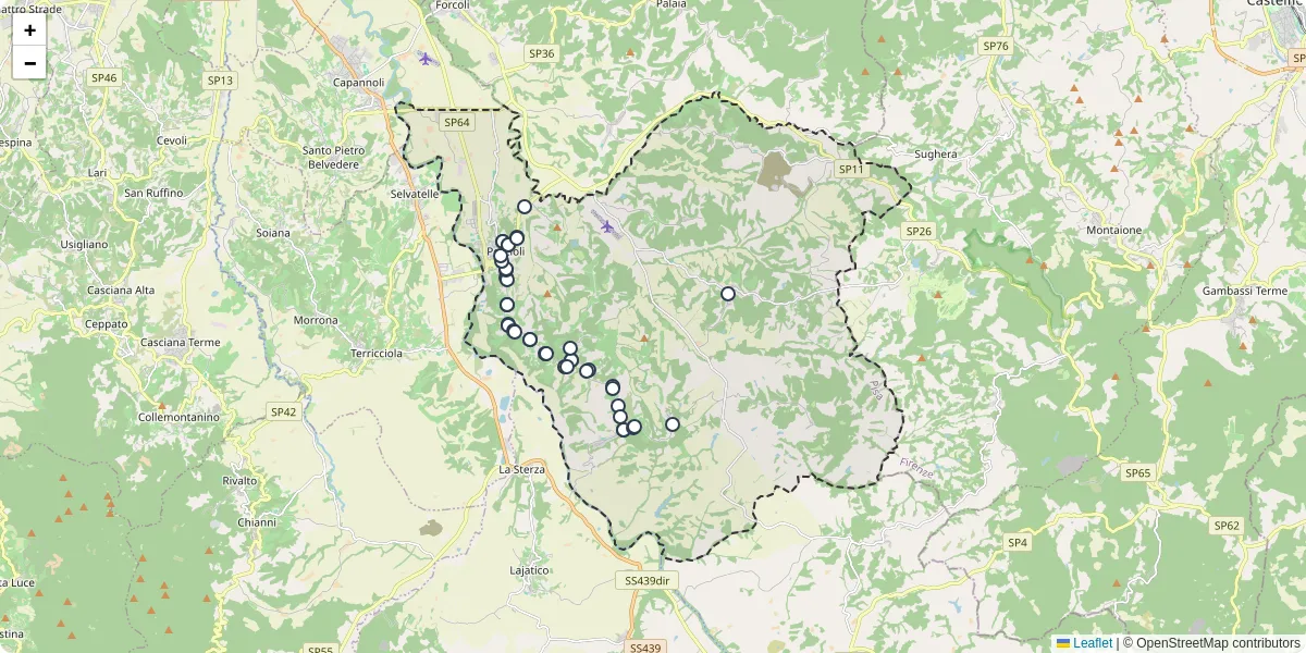 Mappa dettagliata del trasporto pubblico a Peccioli con linee autobus, tram e collegamenti