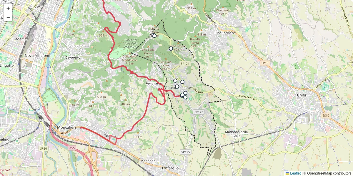Mappa dettagliata del trasporto pubblico a Pecetto Torinese con linee autobus, tram e collegamenti