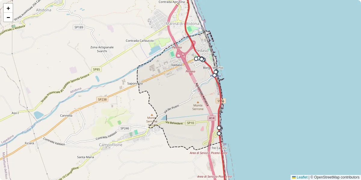 Mappa dettagliata del trasporto pubblico a Pedaso con linee autobus, tram e collegamenti