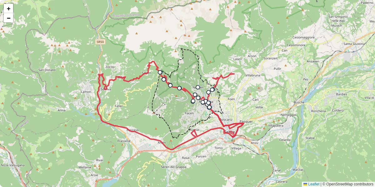 Mappa dettagliata del trasporto pubblico a Pedavena con linee autobus, tram e collegamenti