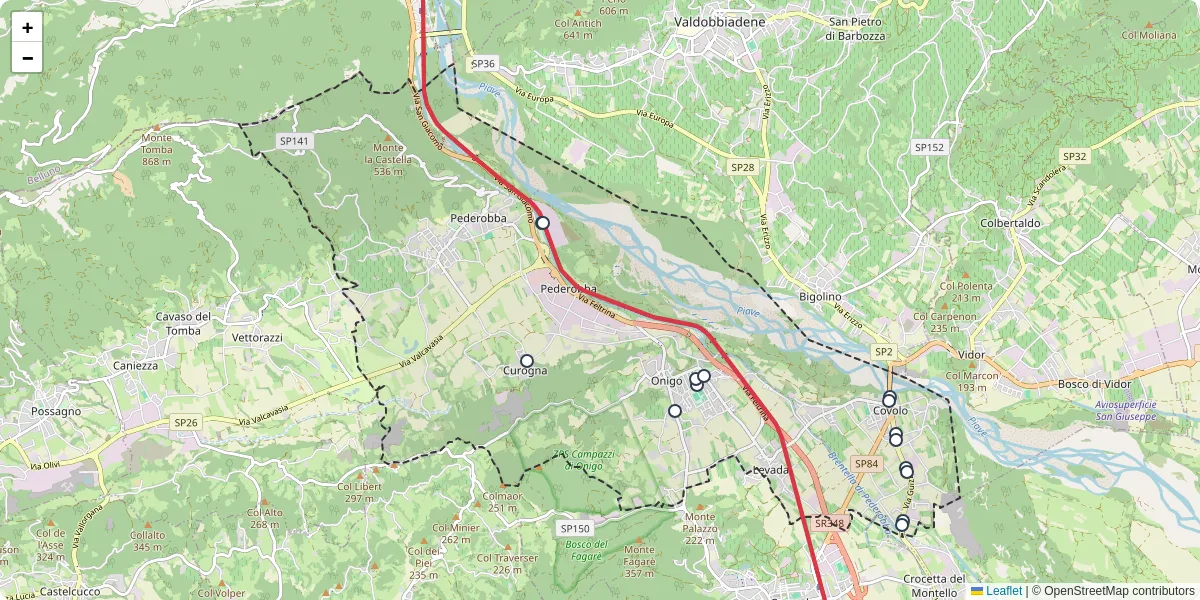 Mappa dettagliata del trasporto pubblico a Pederobba con linee autobus, tram e collegamenti