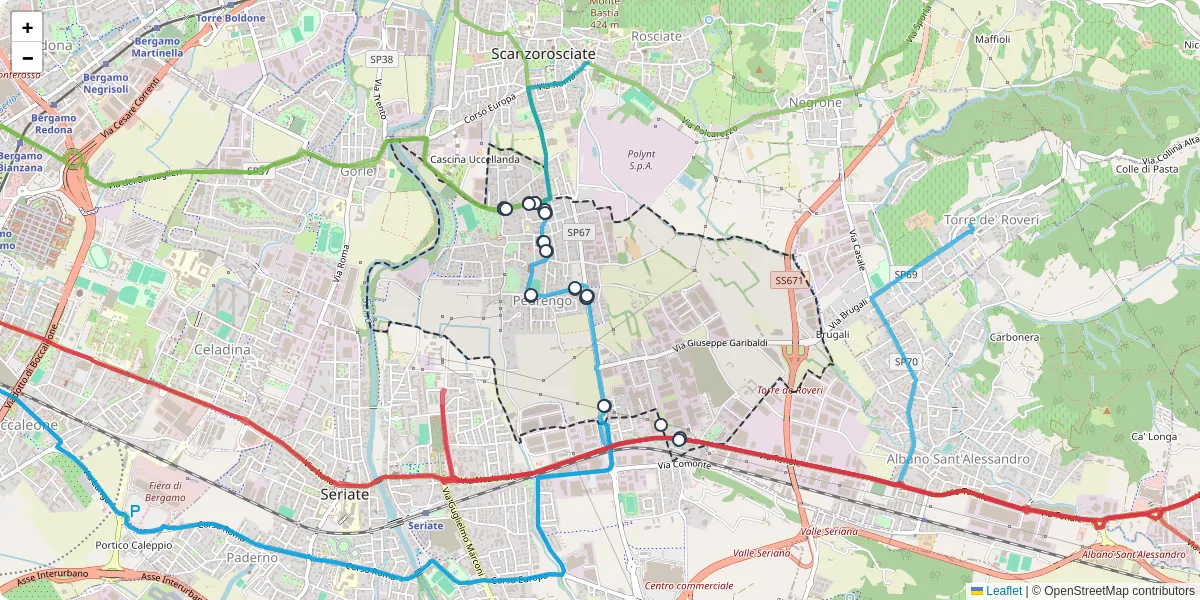 Mappa dettagliata del trasporto pubblico a Pedrengo con linee autobus, tram e collegamenti