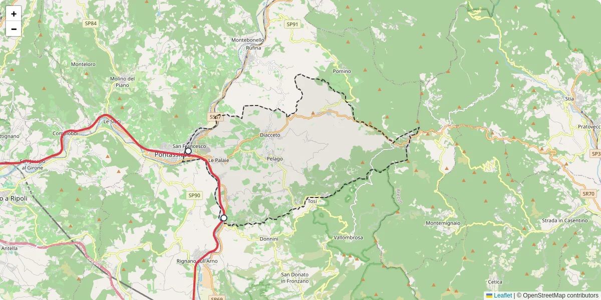 Mappa dettagliata del trasporto pubblico a Pelago con linee autobus, tram e collegamenti