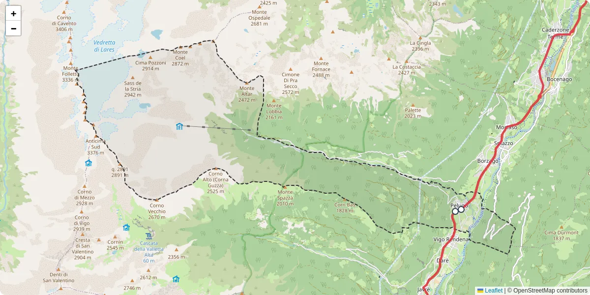 Mappa dettagliata del trasporto pubblico a Pelugo con linee autobus, tram e collegamenti
