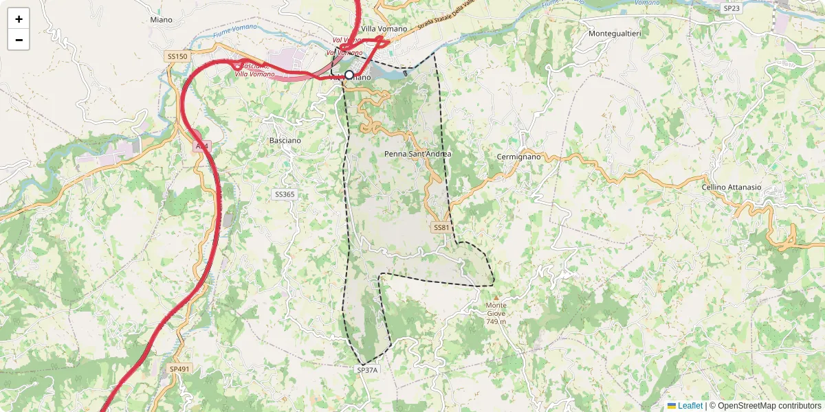 Mappa dettagliata del trasporto pubblico a Penna Sant'Andrea con linee autobus, tram e collegamenti
