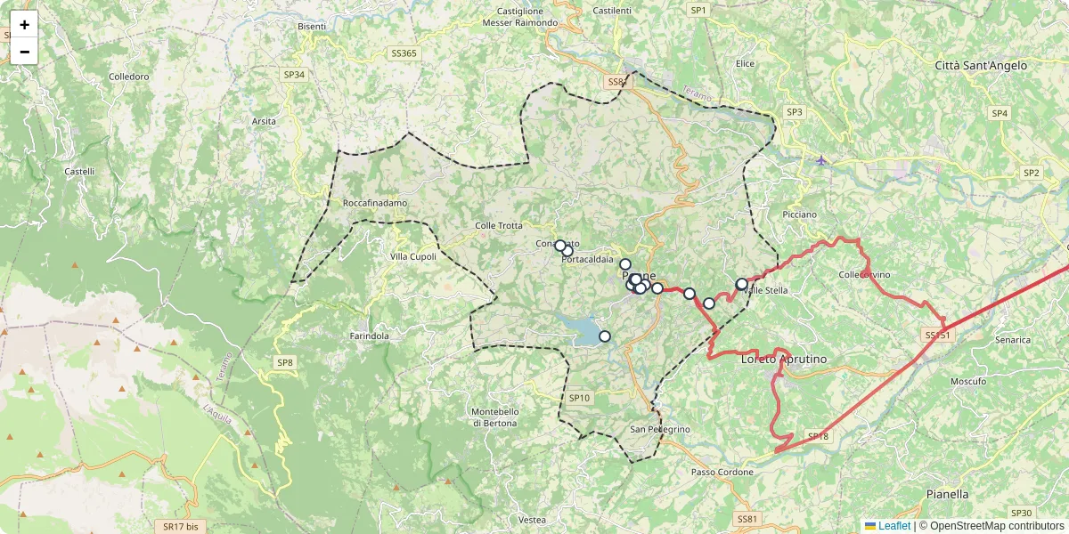 Mappa dettagliata del trasporto pubblico a Penne con linee autobus, tram e collegamenti