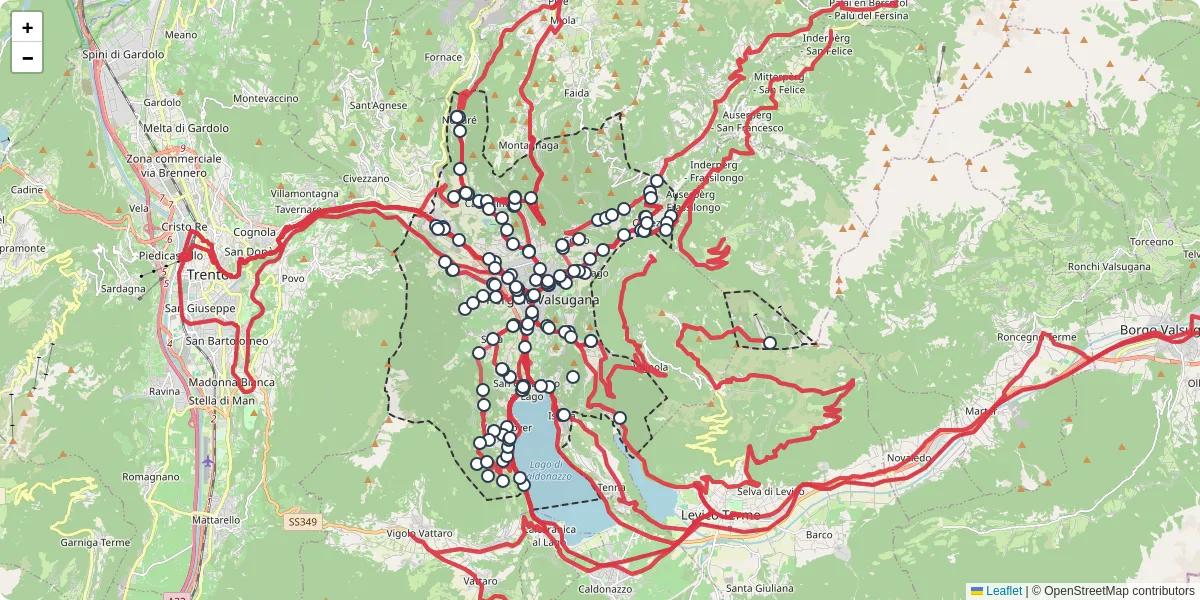 Mappa dettagliata del trasporto pubblico a Pergine Valsugana con linee autobus, tram e collegamenti