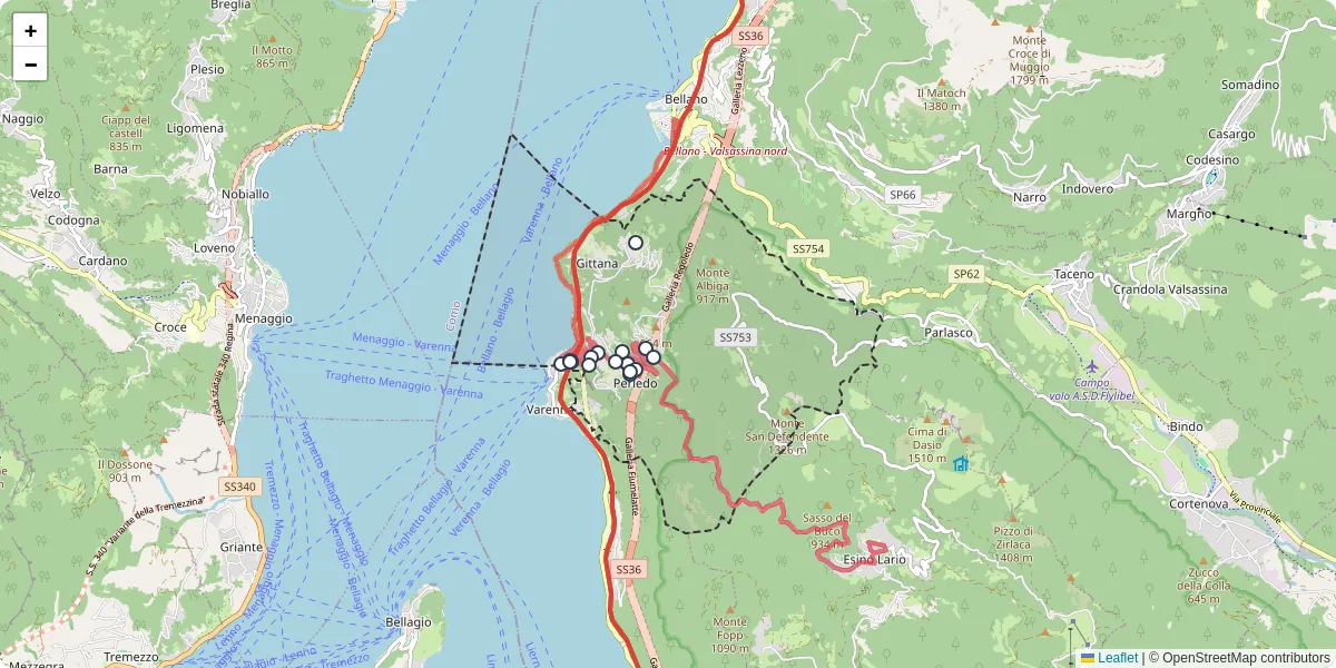 Mappa dettagliata del trasporto pubblico a Perledo con linee autobus, tram e collegamenti