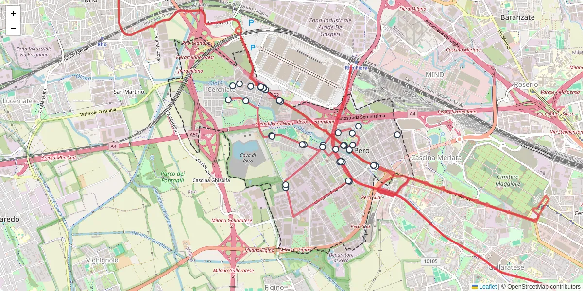 Mappa dettagliata del trasporto pubblico a Pero con linee autobus, tram e collegamenti