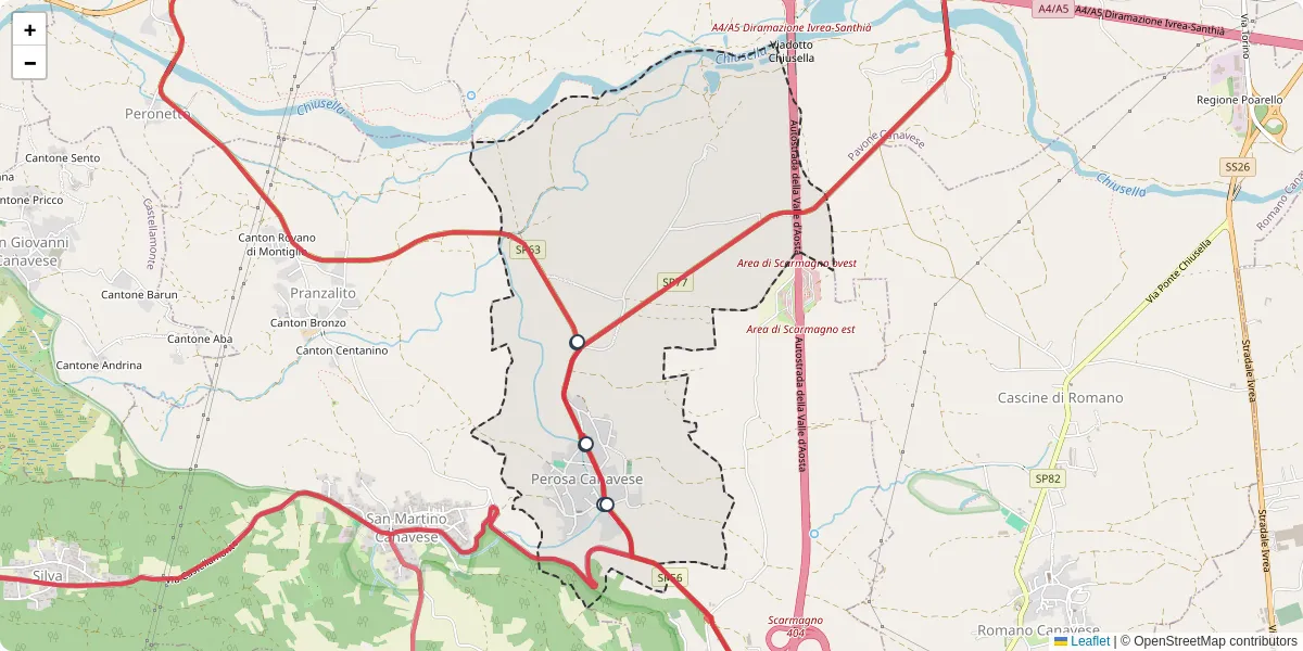 Mappa dettagliata del trasporto pubblico a Perosa Canavese con linee autobus, tram e collegamenti