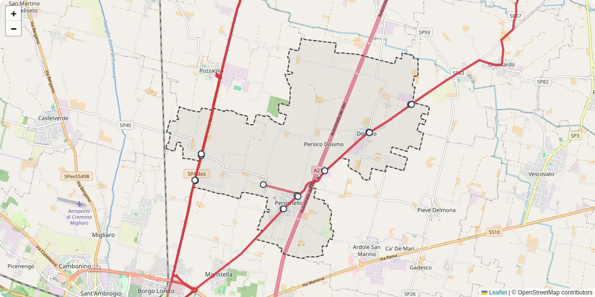 Mappa dettagliata del trasporto pubblico a Persico Dosimo con linee autobus, tram e collegamenti
