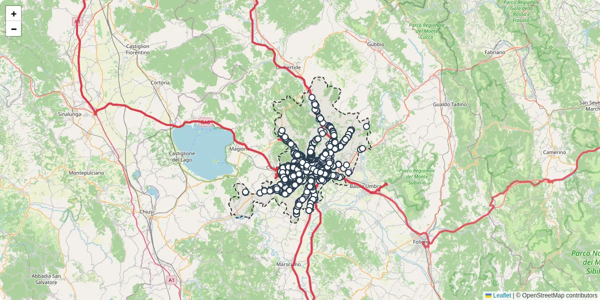 Mappa dettagliata del trasporto pubblico a Perugia con linee autobus, tram e collegamenti