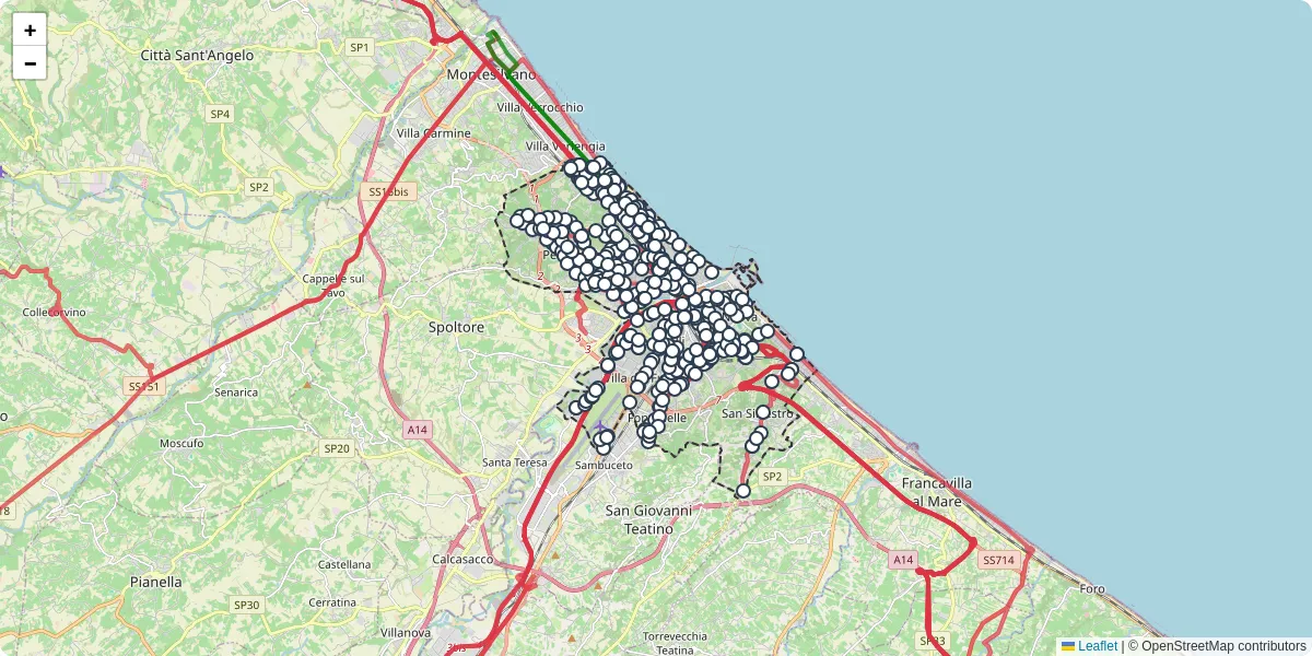 Mappa dettagliata del trasporto pubblico a Pescara con linee autobus, tram e collegamenti