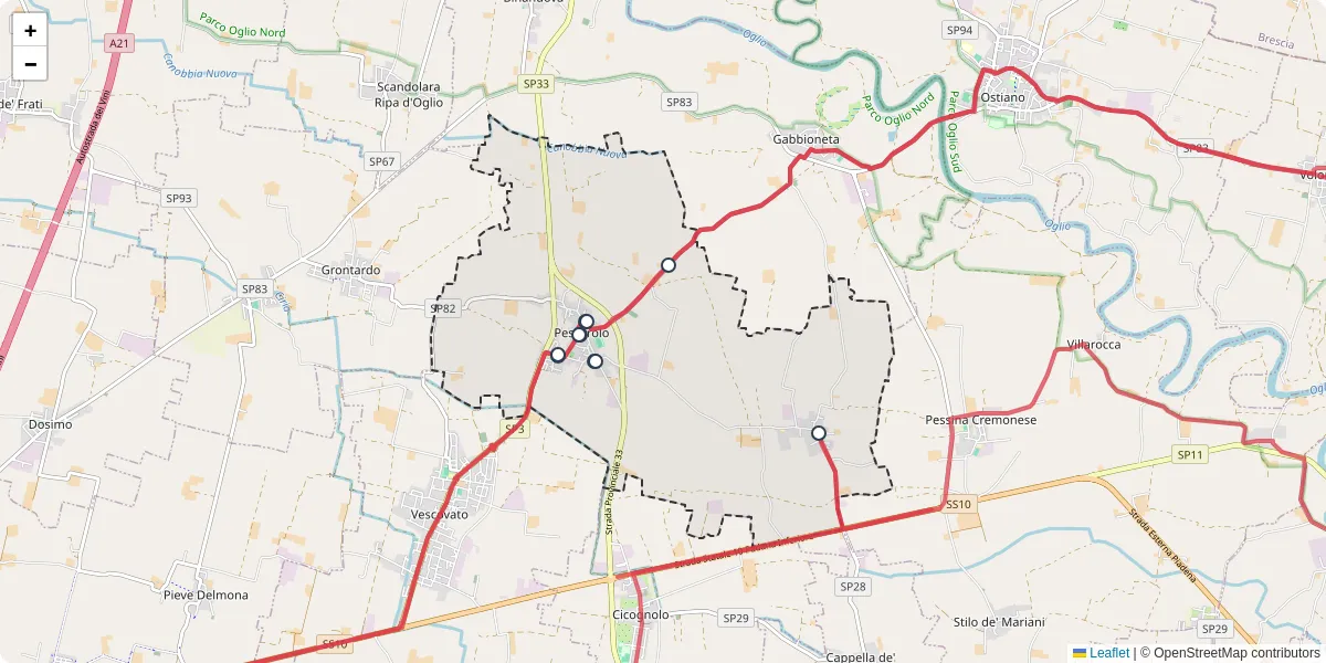 Mappa dettagliata del trasporto pubblico a Pescarolo ed Uniti con linee autobus, tram e collegamenti
