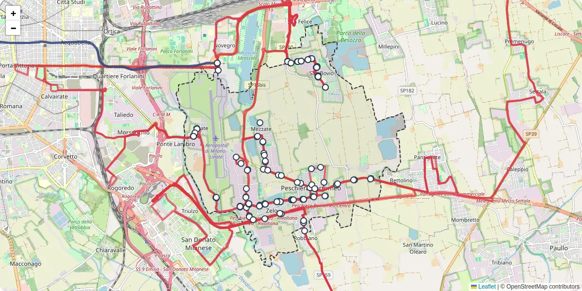 Mappa dettagliata del trasporto pubblico a Peschiera Borromeo con linee autobus, tram e collegamenti