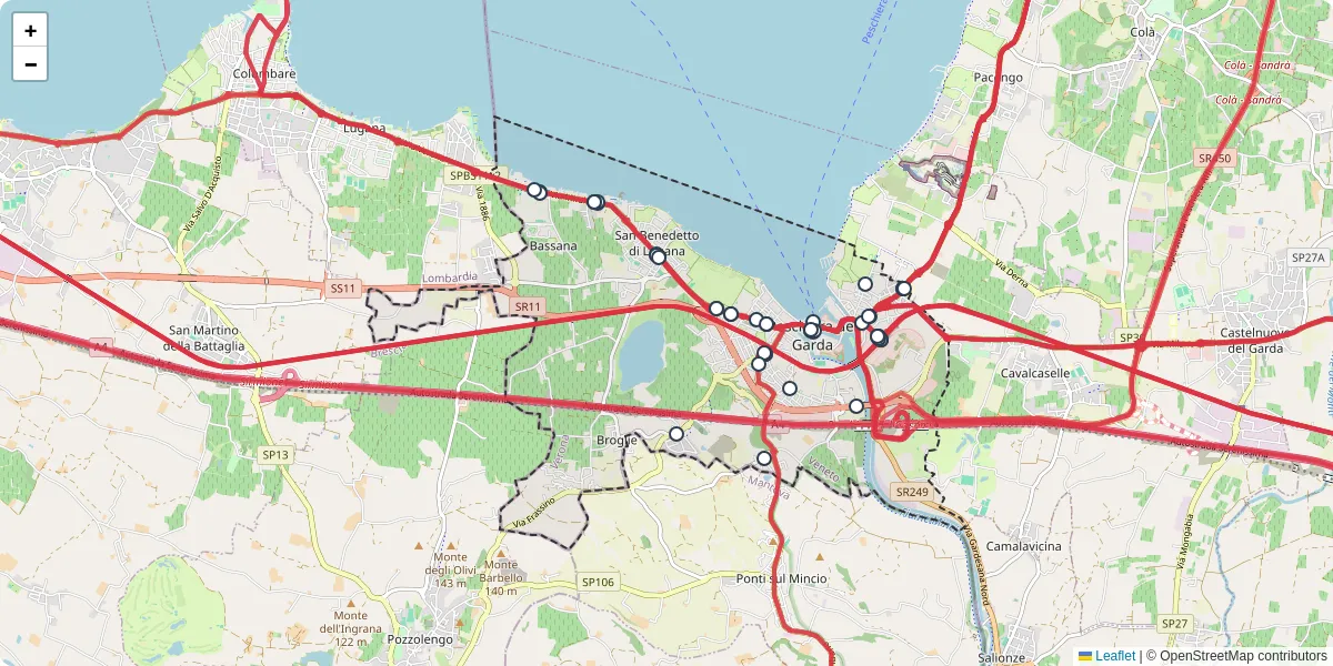 Mappa dettagliata del trasporto pubblico a Peschiera del Garda con linee autobus, tram e collegamenti