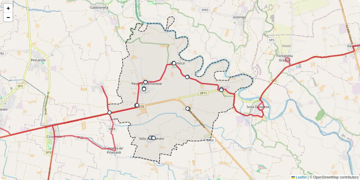 Mappa dettagliata del trasporto pubblico a Pessina Cremonese con linee autobus, tram e collegamenti