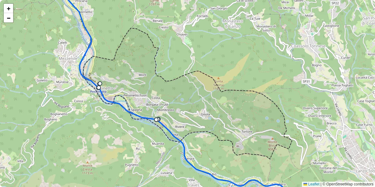 Mappa dettagliata del trasporto pubblico a Pessinetto con linee autobus, tram e collegamenti