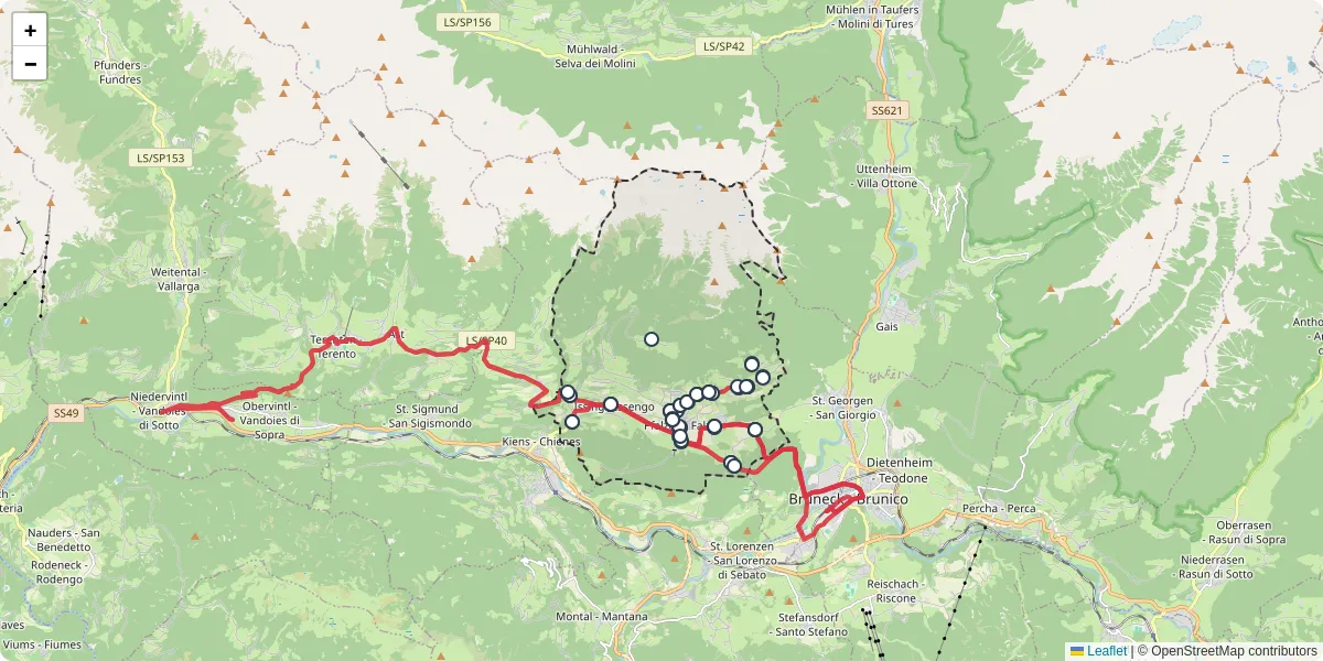 Mappa dettagliata del trasporto pubblico a Pfalzen - Falzes con linee autobus, tram e collegamenti