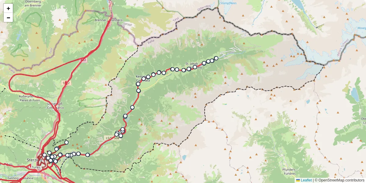 Mappa dettagliata del trasporto pubblico a Pfitsch - Val di Vizze con linee autobus, tram e collegamenti