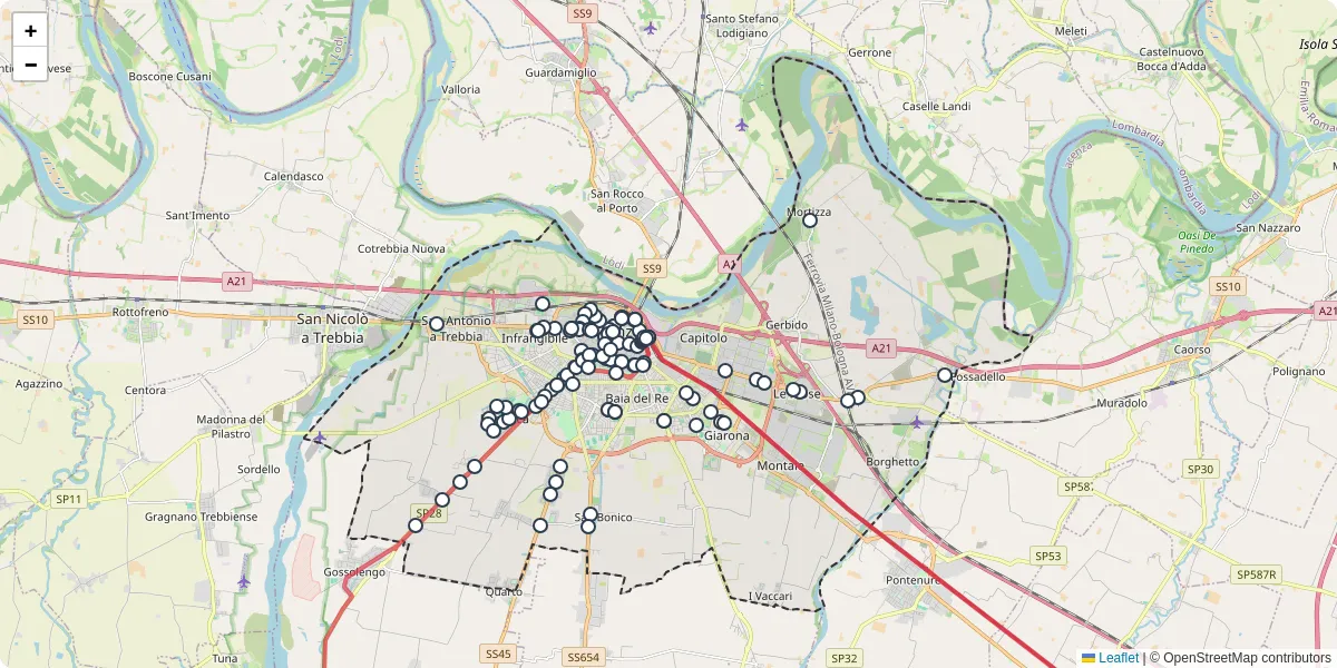 Mappa dettagliata del trasporto pubblico a Piacenza con linee autobus, tram e collegamenti