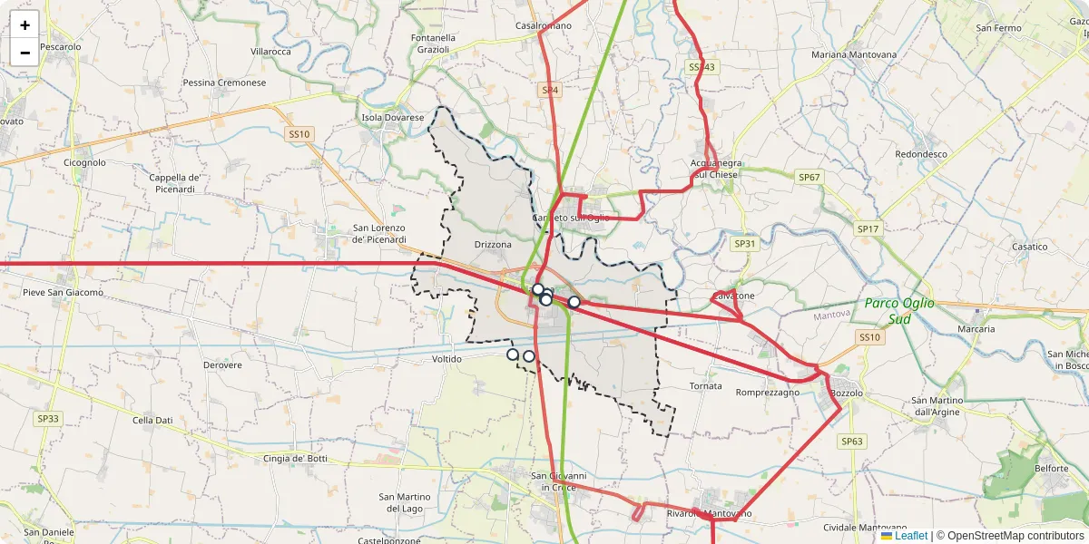Mappa dettagliata del trasporto pubblico a Piadena Drizzona con linee autobus, tram e collegamenti