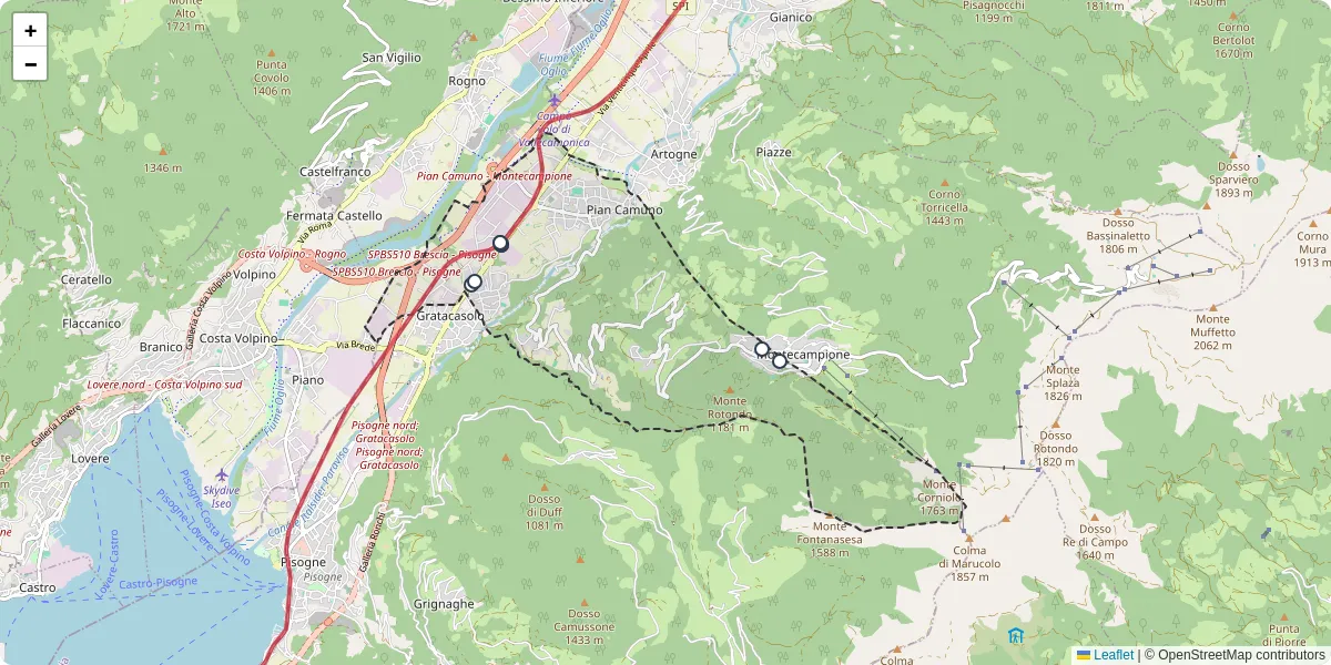 Mappa dettagliata del trasporto pubblico a Pian Camuno con linee autobus, tram e collegamenti